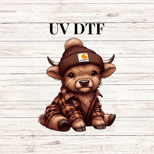 UV DTF Sticker print. Brown Cute Cow with Beanie decal, tumbler decal, permanent sticker. Uv wrap for glass can tumbler. #1046