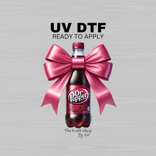 UV DTF Sticker print Dr Pep with pink bow decals, tumbler decal. UV wrap for glass can tumbler. #10144