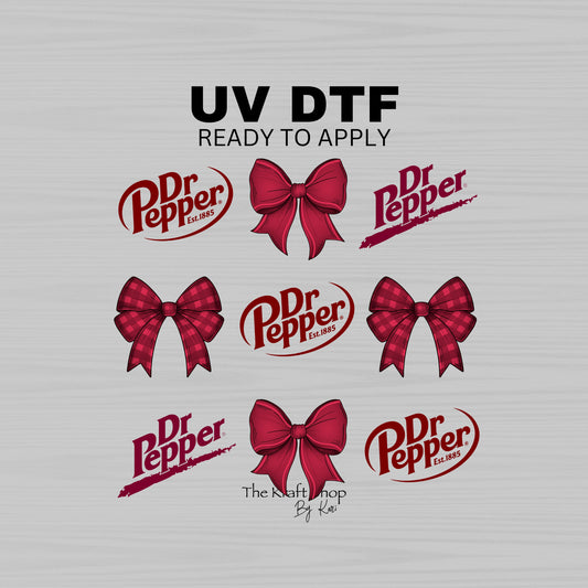 UV DTF Sticker print Dr Pep with bows croquette decals, tumbler decal. UV wrap for glass can tumbler. #10145