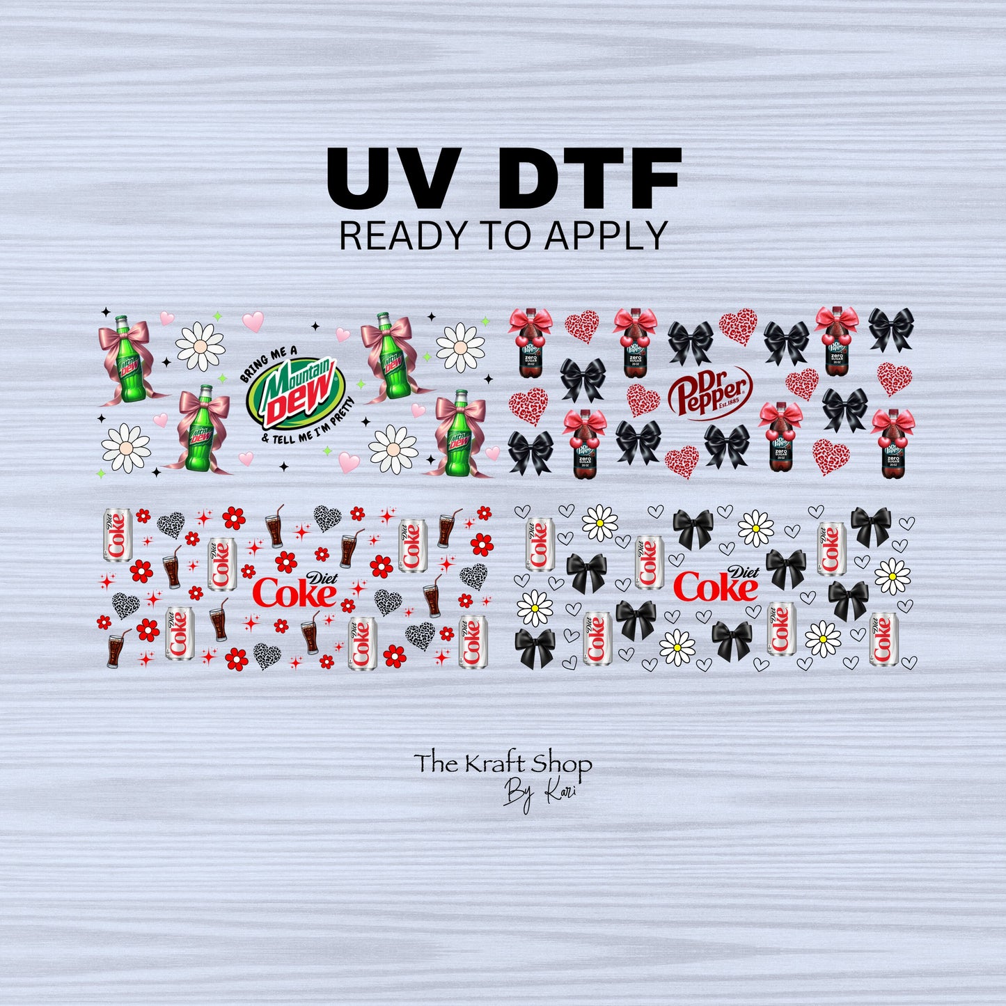 UV DTF Sticker print. Soda Pop Wraps with Bows, Hearts and Flowers wrap decal, tumbler decal,UV wrap for glass can tumbler#5270