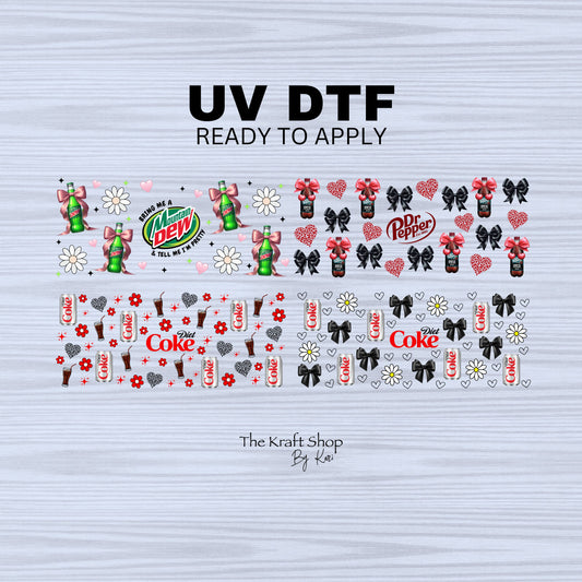 UV DTF Sticker print. Soda Pop Wraps with Bows, Hearts and Flowers wrap decal, tumbler decal,UV wrap for glass can tumbler#5270