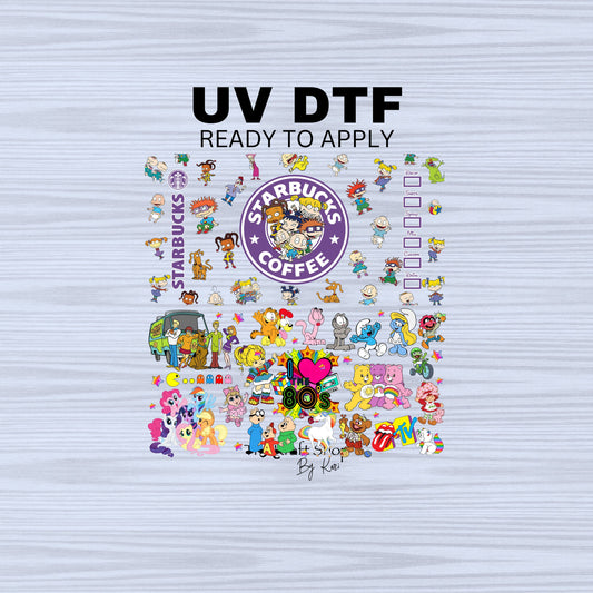 UV DTF Sticker print. 80's cartoon character wrap decal, tumbler decal,UV wrap for glass can tumbler#5292