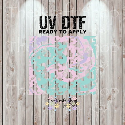 UV DTF Sticker print. Teal pink camo swirl tumbler design helper decal. Glass can wrap. #5331