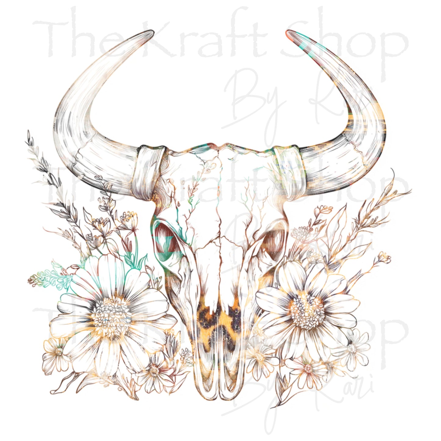 UV DTF Sticker print. Bull skull outline with flowers Western Aztek pattern skull permanent sticker tumbler decal  #2032