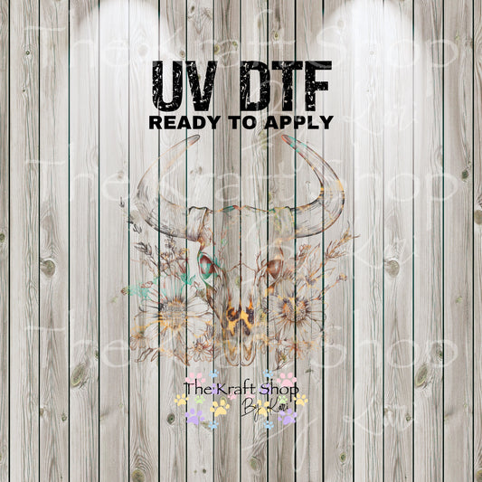 UV DTF Sticker print. Bull skull outline with flowers Western Aztek pattern skull permanent sticker tumbler decal  #2032