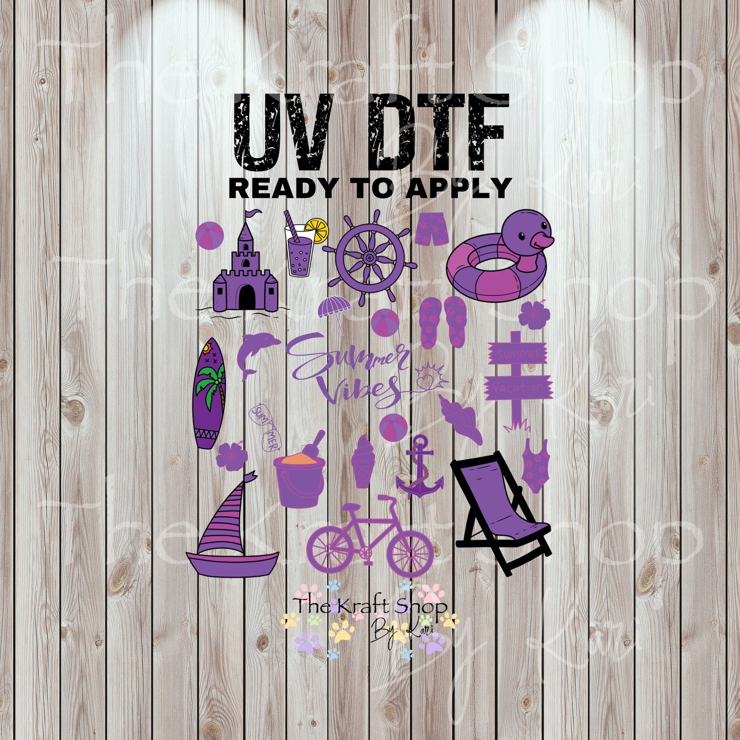 UV DTF Sticker print Gendy's purple summer beach element bundle of decals, tumbler decal. #10270