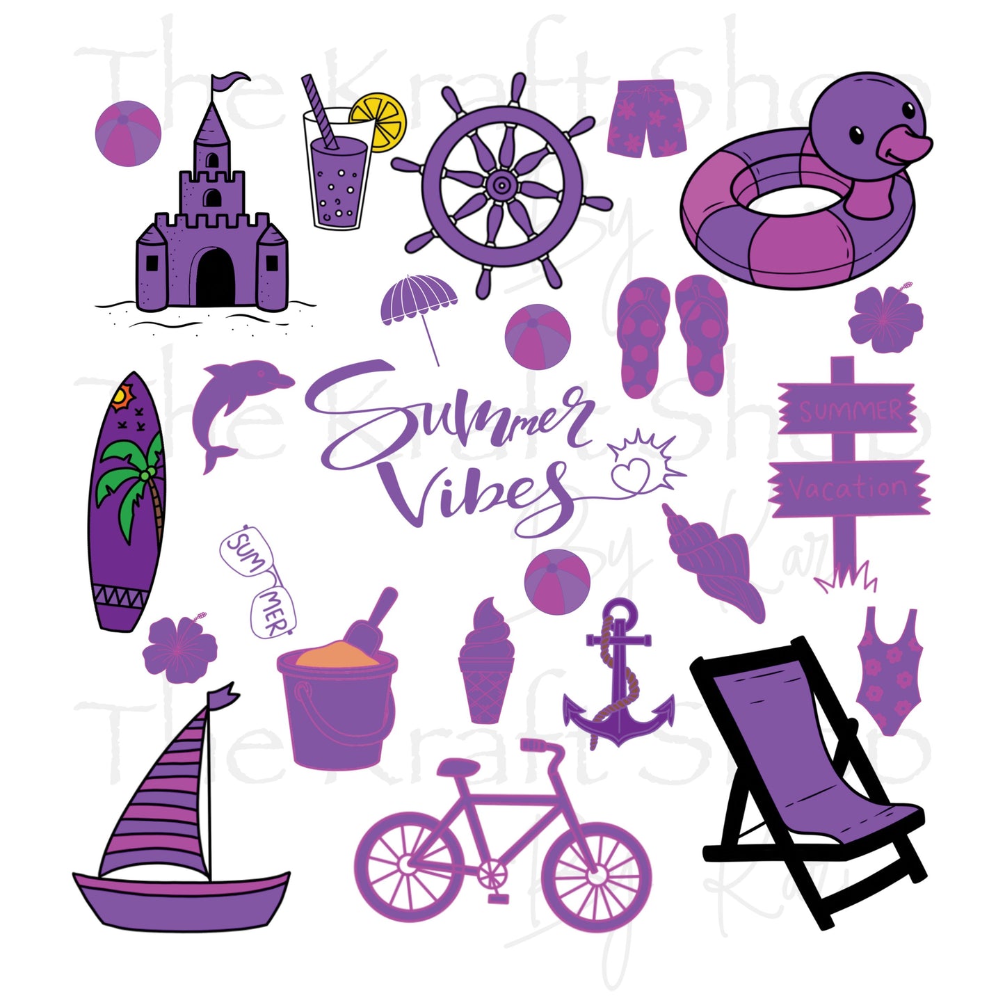 UV DTF Sticker print Gendy's purple summer beach element bundle of decals, tumbler decal. #10270