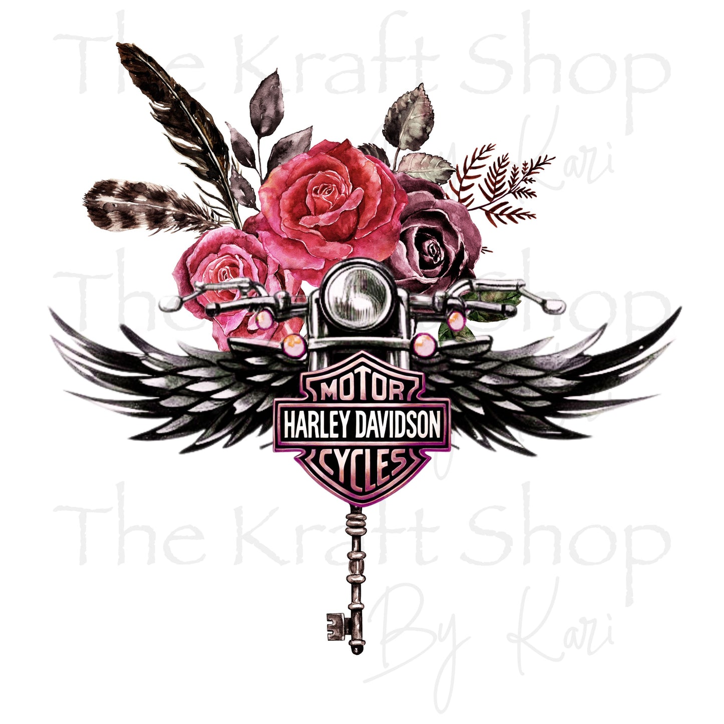 UV DTF Sticker print. Winged floral motorcycle key with feathers permanent sticker tumbler decal  #4519