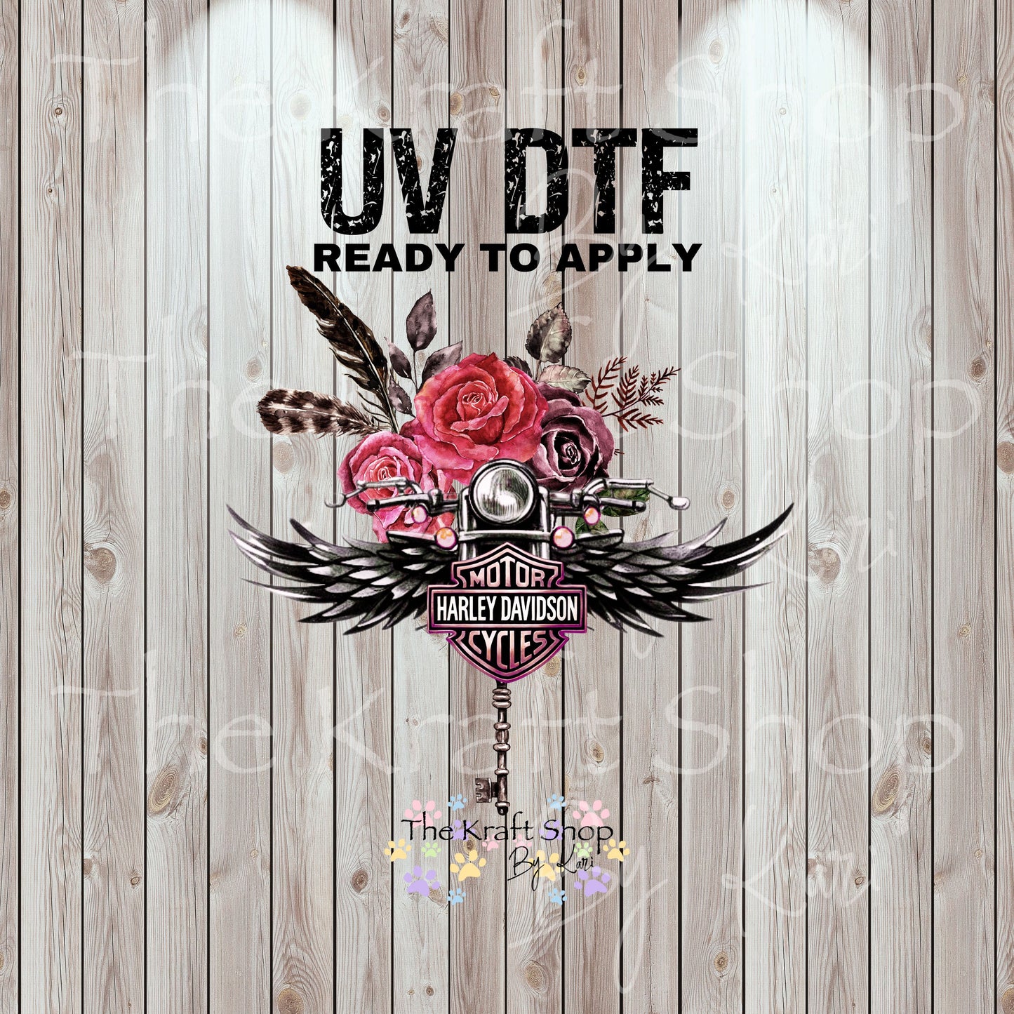 UV DTF Sticker print. Winged floral motorcycle key with feathers permanent sticker tumbler decal  #4519
