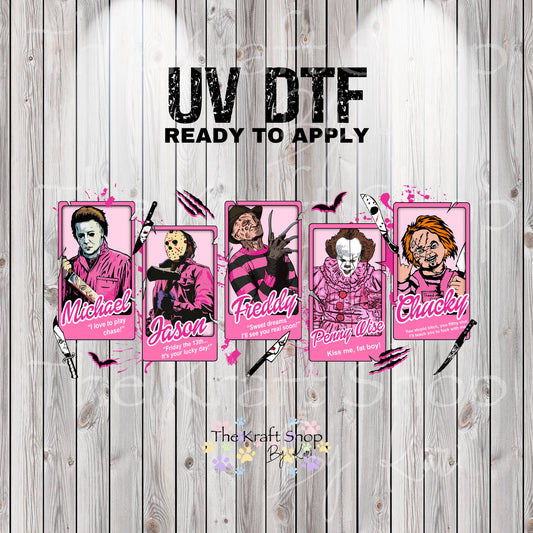 UV DTF Sticker print. Pink Horror glass can decal, tumbler decal, permanent sticker. UV wrap for glass can tumbler. #5354