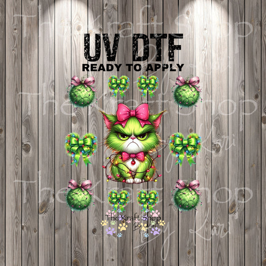 UV DTF Sticker print. Green Grumpy Christmas Cat Bundle element bundle of decals, tumbler decal. #7388