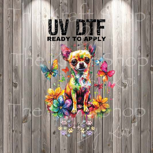 UV DTF Sticker print Watercolor Chihuahua decal, tumbler decal, permanent sticker. Uv wrap for glass can tumbler. #10320