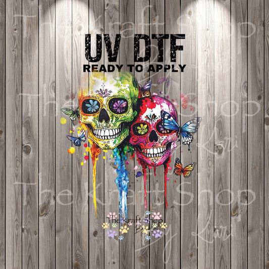 UV DTF Sticker print Watercolor Skull decal, tumbler decal, permanent sticker. Uv wrap for glass can tumbler. #10321