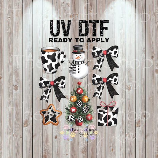 UV DTF Sticker print. Cow print snowman coquette element, tumbler decal, permanent sticker. Uv wrap for glass can tumbler. #7402