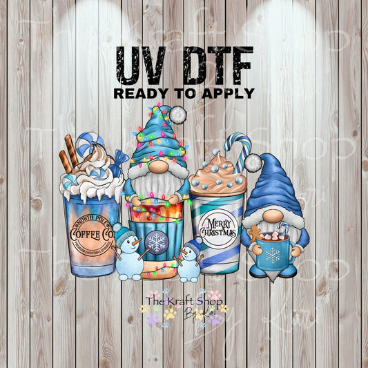 UV DTF Sticker print Winter Coffee Gnomes Christmas decal, tumbler decal, permanent sticker. Uv wrap for glass can tumbler. #7403