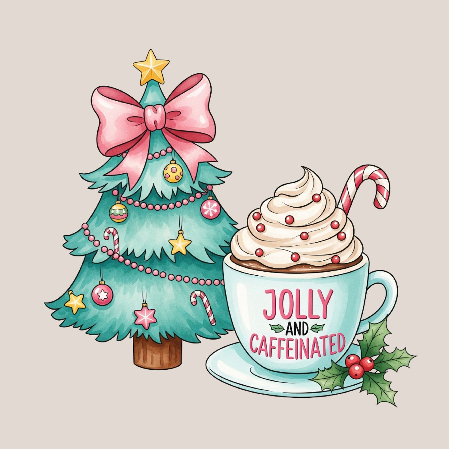UV DTF Sticker print Jolly and Caffeinated Christmas decal, tumbler decal, permanent sticker. Uv wrap for glass can tumbler. #7404