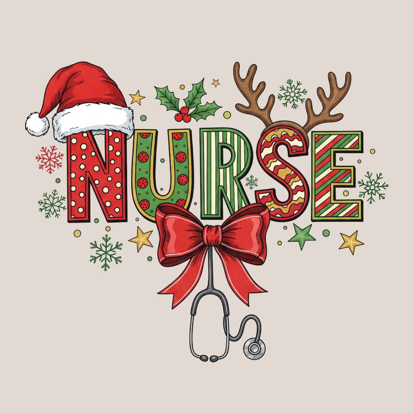 UV DTF Sticker print Nurse antlers Christmas decal, tumbler decal, permanent sticker. Uv wrap for glass can tumbler. #7407