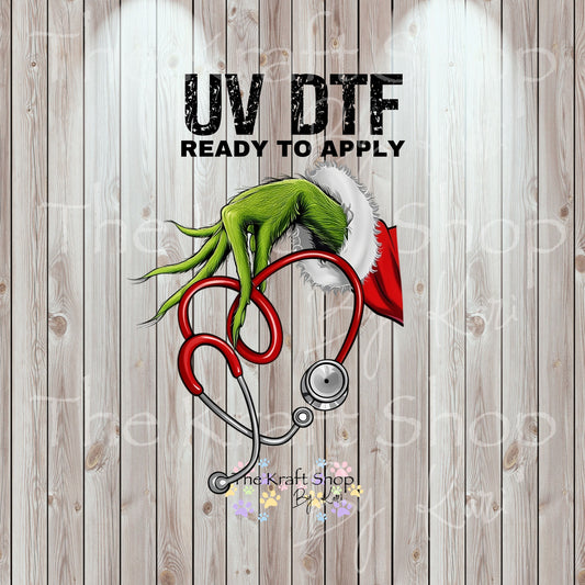 UV DTF Sticker prints. Green man stethoscope Merry Christmas decal, permanent sticker.  #7454