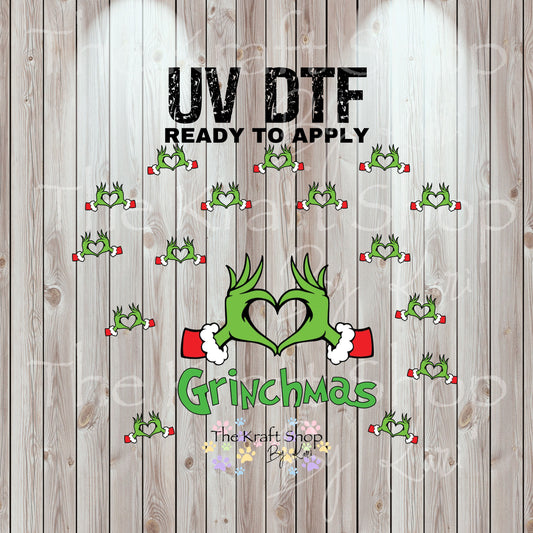 UV DTF Sticker print. Grin mas hand heart 24 oz tapered wrap or element sheet of decals for acrylic tumblers  #5444