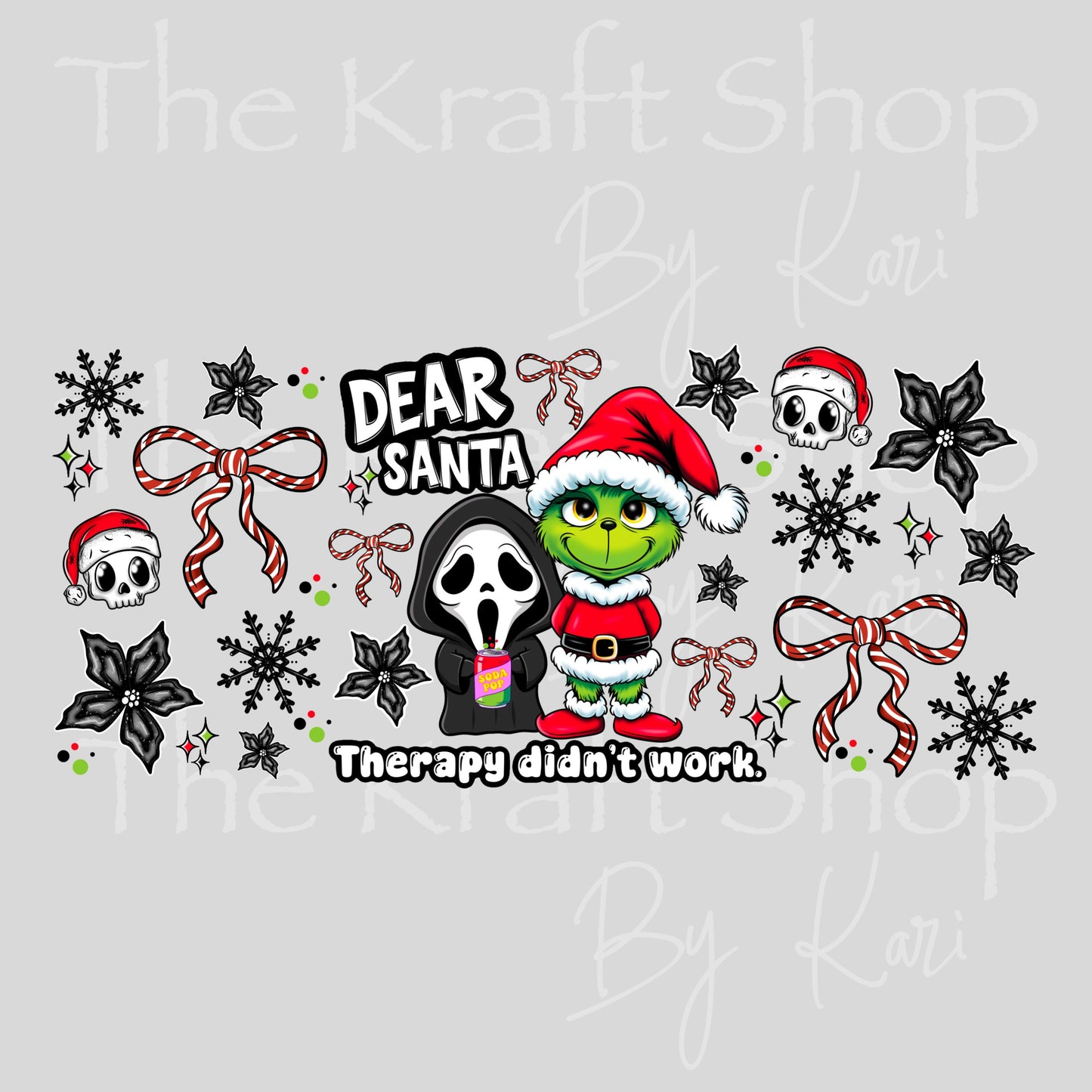 UV DTF Sticker print. Dear Santa Therapy Didn't Work Horror wrap element decals tumbler decal. Glass can wrap.  #5458