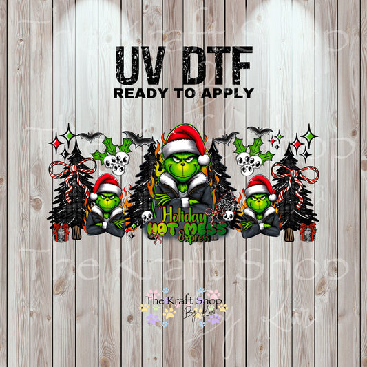 UV DTF Sticker print. Holiday Hot Mess Express Green Man Wrap decals tumbler decal. Glass can wrap.  #5468
