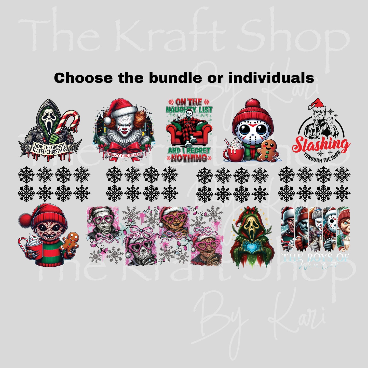 UV DTF Sticker print. Horror Christmas 23x12 Mini Gang sheet Sassy decal bundle decal, tumbler decal, permanent sticker. UV wrap for glass can tumbler. #7485