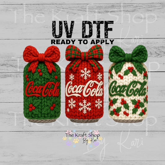 UV DTF Sticker print yarn Coke trio Christmas crochet decal, tumbler decal #7544