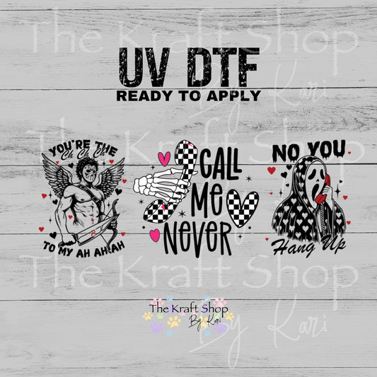 UV DTF Sticker prints. Call me never horror Valentine decals 3 pk, permanent sticker.#7605