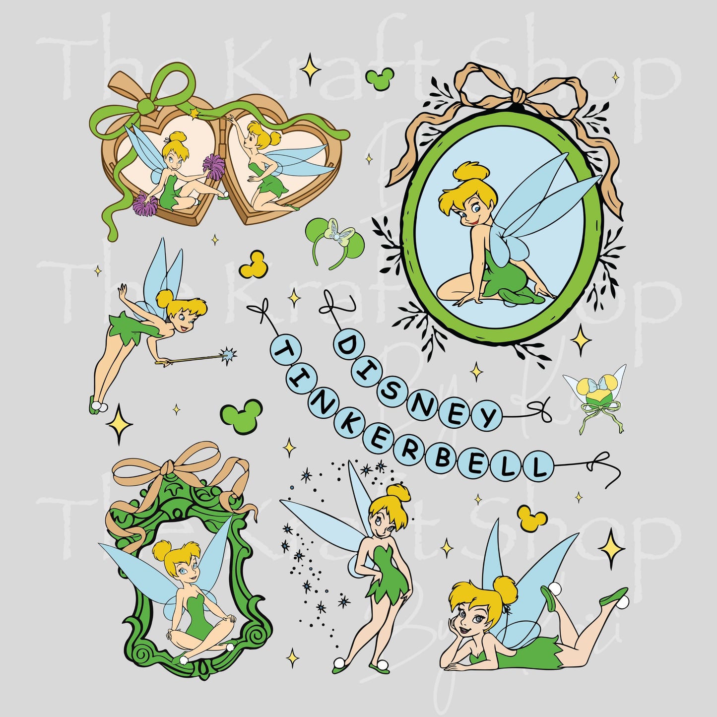 UV DTF Tink Green Fairy mixed media bundle of decals Element sheet 10x8.6 decal #10474