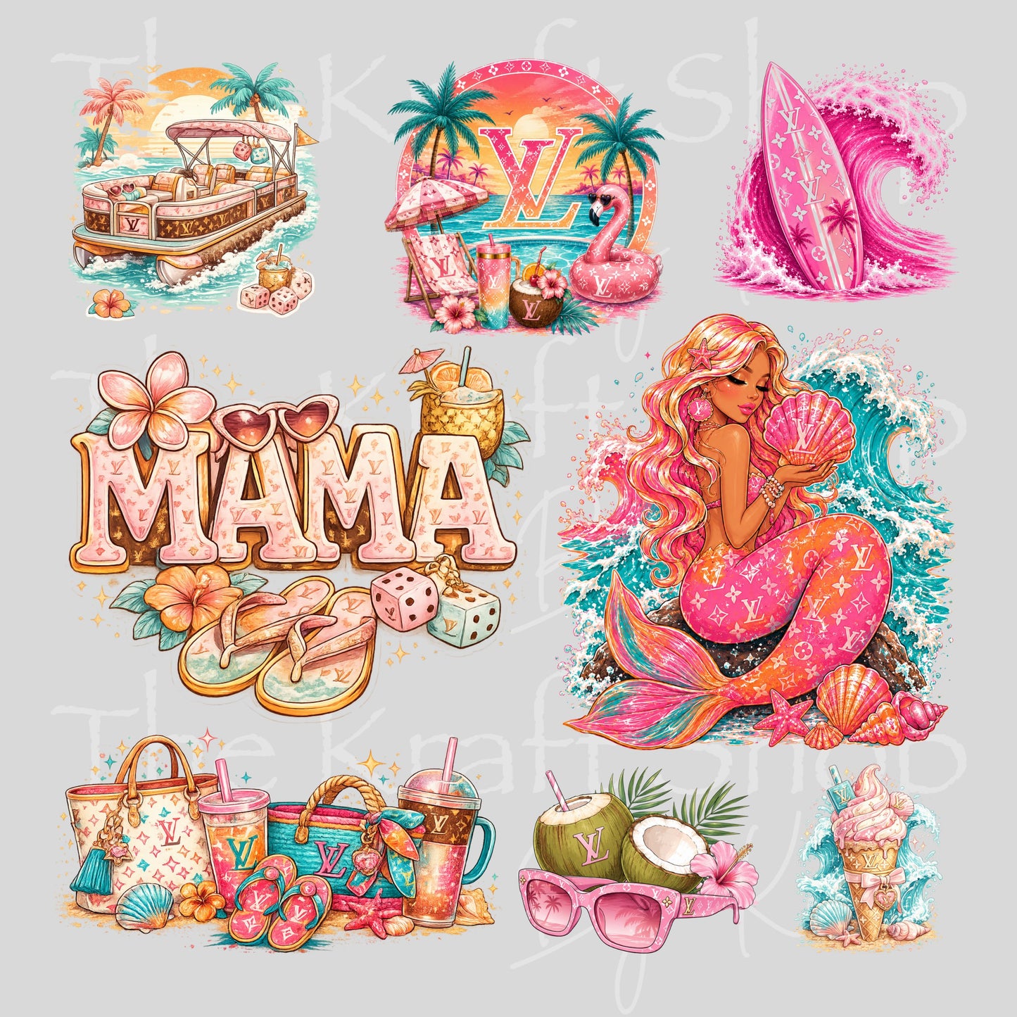 UV DTF Pink Mermaid Summer LV Element sheet 8x8 decal #10506