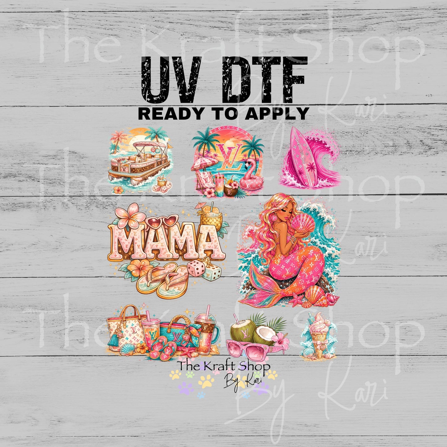 UV DTF Pink Mermaid Summer LV Element sheet 8x8 decal #10506