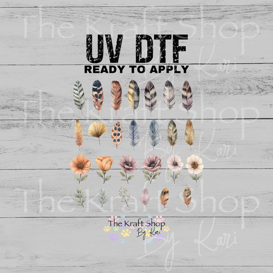 UV DTF Sticker prints. Feathers and flowers element sheet bundle decal, permanent sticker. UV wrap for tumbler. #10053