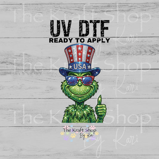 UV DTF 4th of July Green Man Rhinestone patriotic decal #7684
