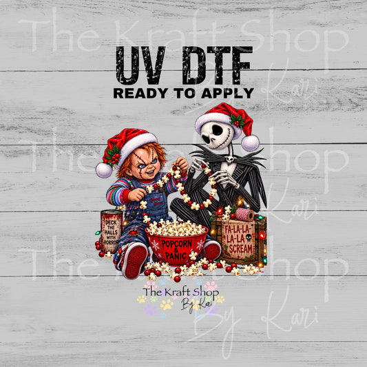 UV DTF Sticker print Popcorn and Panic Spooky Horror Christmas decal, tumbler decal, permanent sticker. #7818