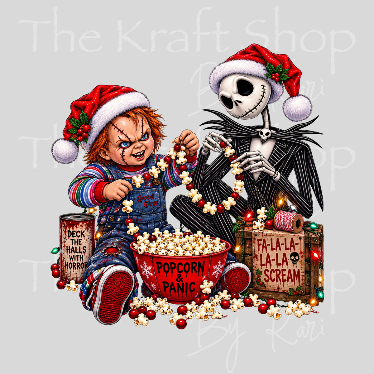 UV DTF Sticker print Popcorn and Panic Spooky Horror Christmas decal, tumbler decal, permanent sticker. #7818