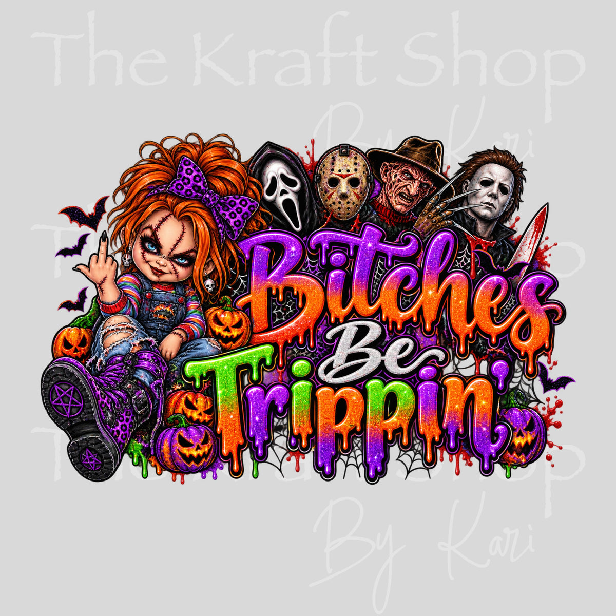 UV DTF Sticker print Bitches Be Trippin' spooky horror Halloween decal, tumbler decal, permanent sticker.  #7832
