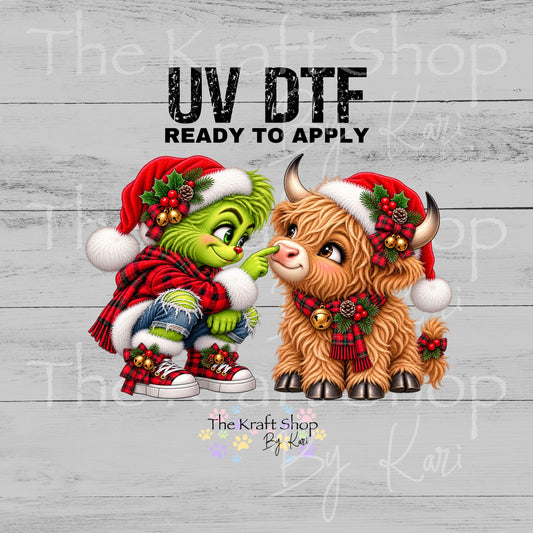 UV DTF Sticker print. Highland Cow Nose Boop with green face character Christmas decal, tumbler decal, permanent sticker.#6028