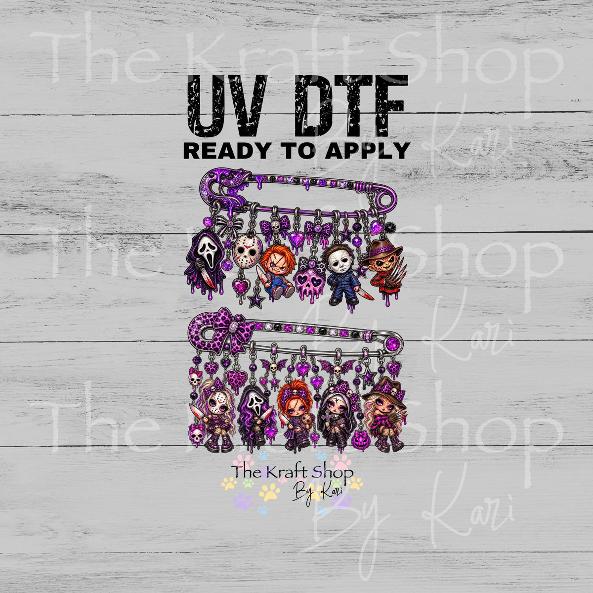 UV DTF Sticker print. Purple Halloween Pins Horror Spooky 2pk decal, tumbler decal, permanent sticker.  #6049
