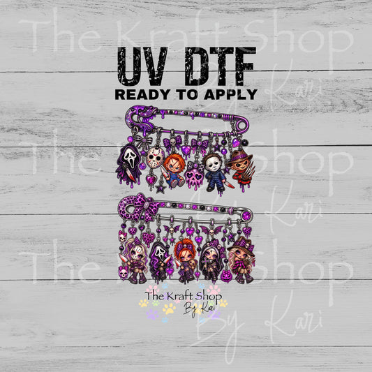 UV DTF Sticker print. Purple Halloween Pins Horror Spooky 2pk decal, tumbler decal, permanent sticker.  #6049