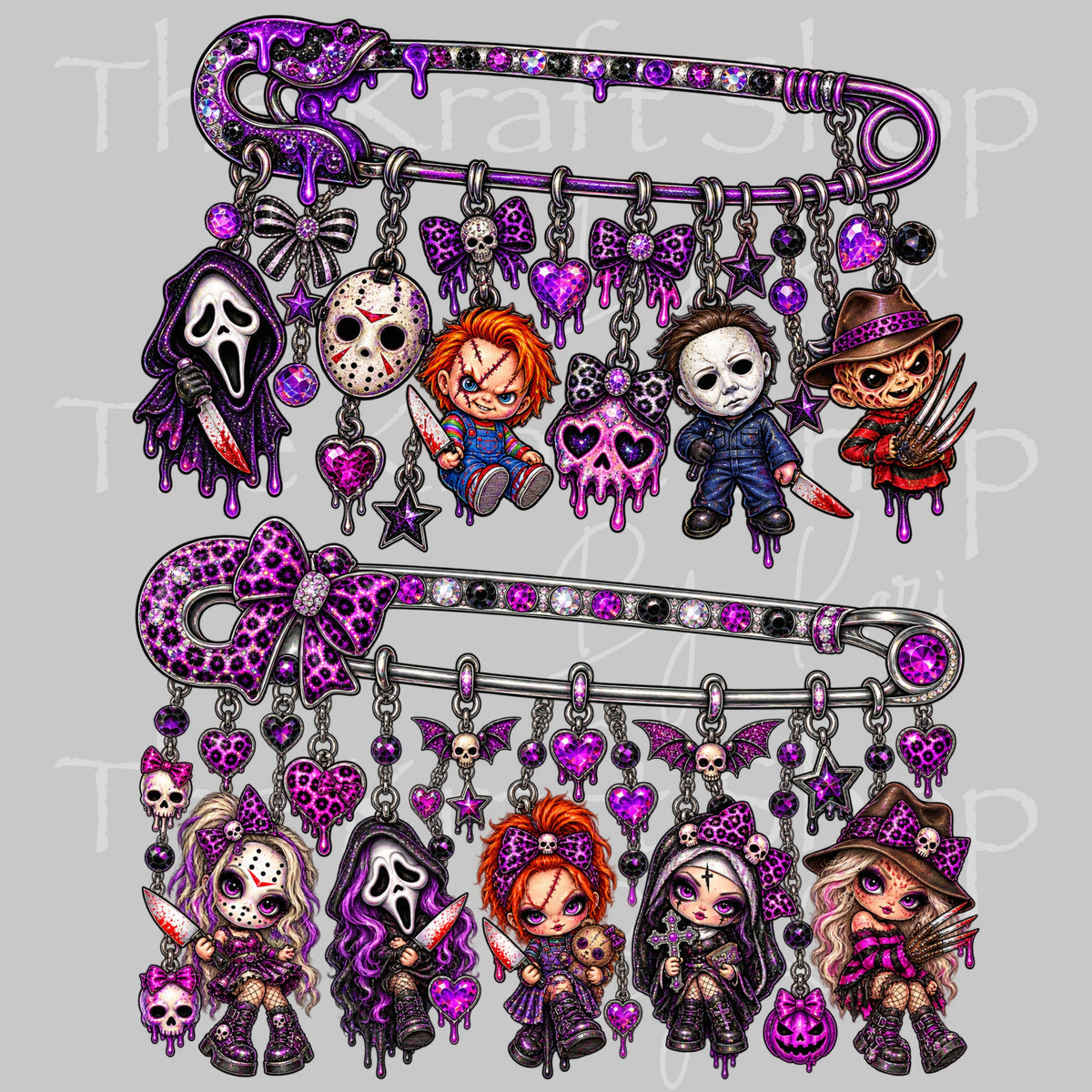 UV DTF Sticker print. Purple Halloween Pins Horror Spooky 2pk decal, tumbler decal, permanent sticker.  #6049