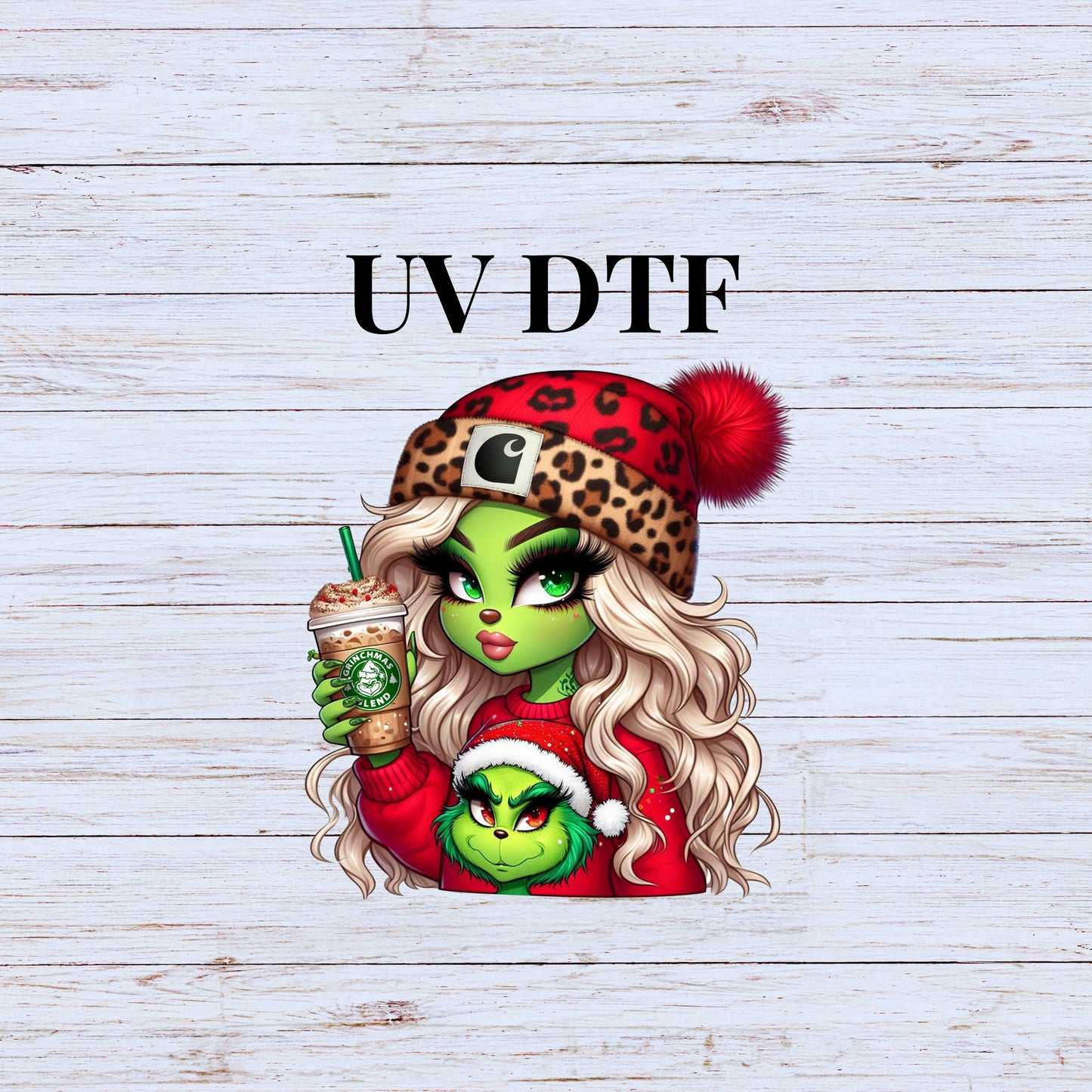 UV DTF Sticker print Girl Grin with coffee and cheetah beanie decal, tumbler decal, permanent sticker.  #7237