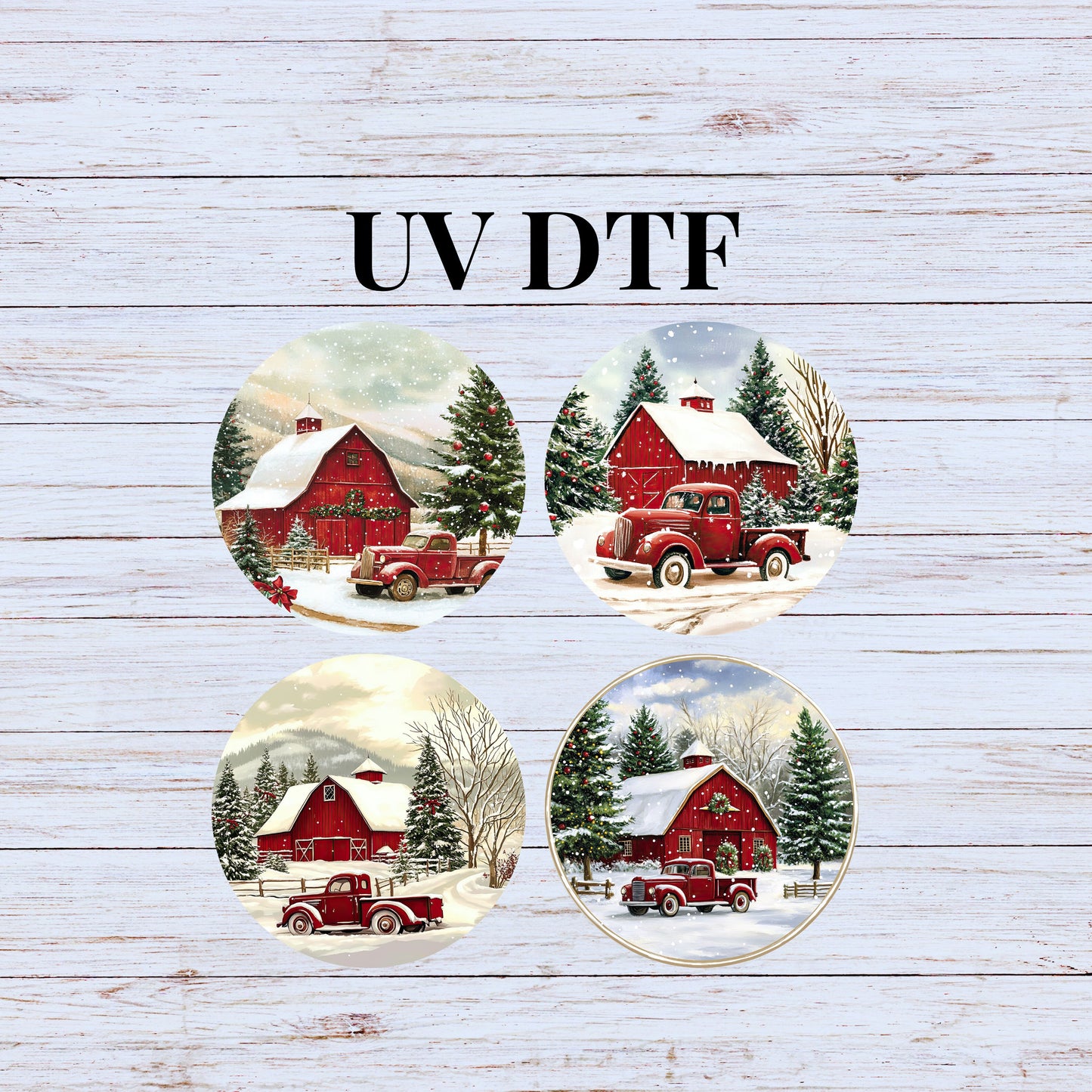 UV DTF Sticker print Barn Red Truck Farmhouse 4pk round Christmas Ornament decals, tumbler decal, permanent sticker.#7196