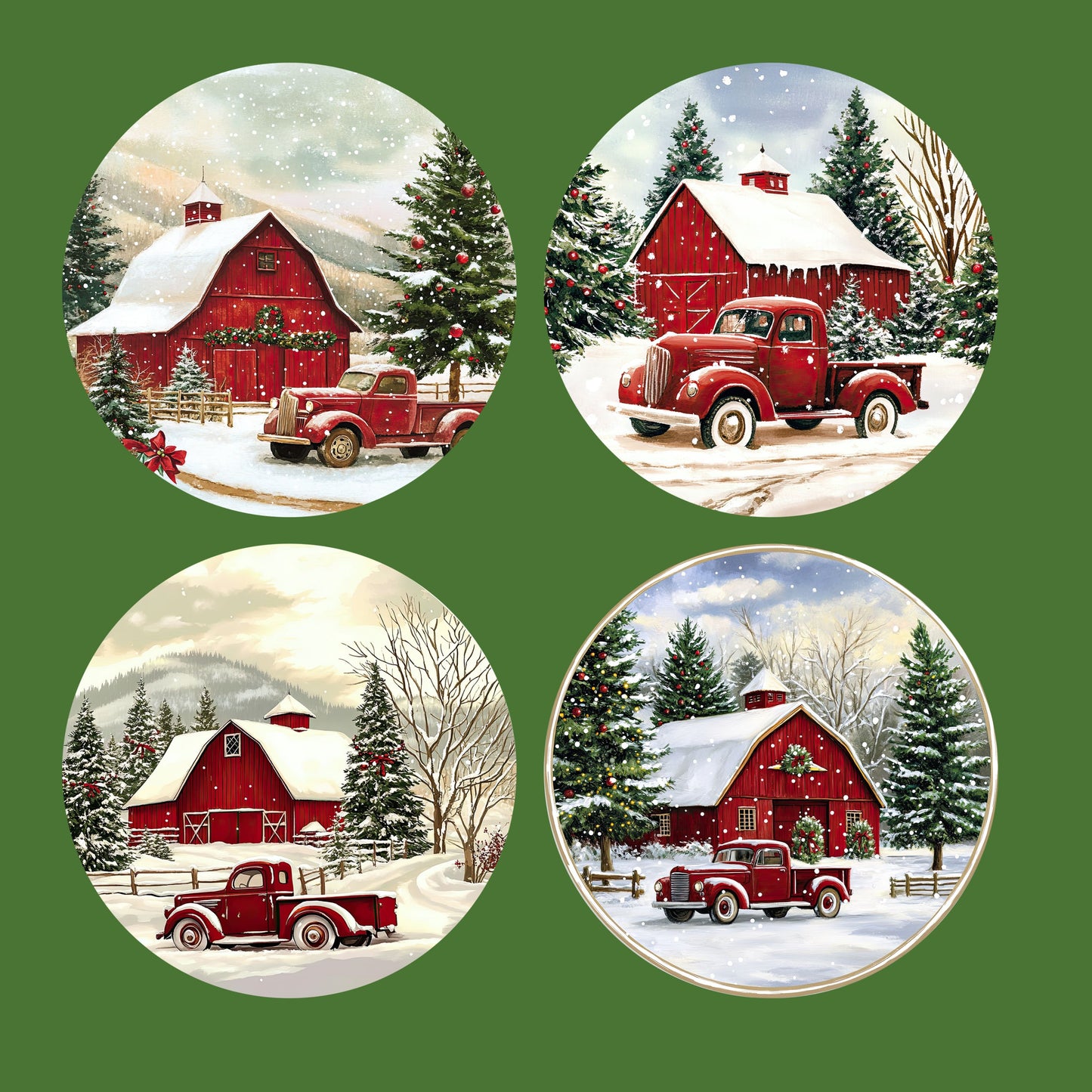 UV DTF Sticker print Barn Red Truck Farmhouse 4pk round Christmas Ornament decals, tumbler decal, permanent sticker.#7196