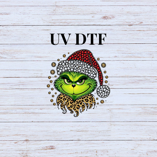 UV DTF Sticker print Rhinestone Grin with Santa hat Merry Christmas decal, tumbler decal, permanent sticker. Uv wrap for glass can tumbler. #7157