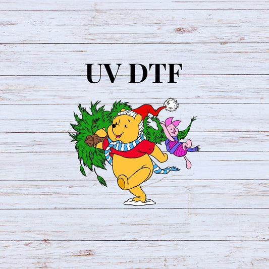 UV DTF Sticker print Poo carrying tree pig Merry Christmas decal, tumbler decal, permanent sticker. Uv wrap for glass can tumbler. #7143