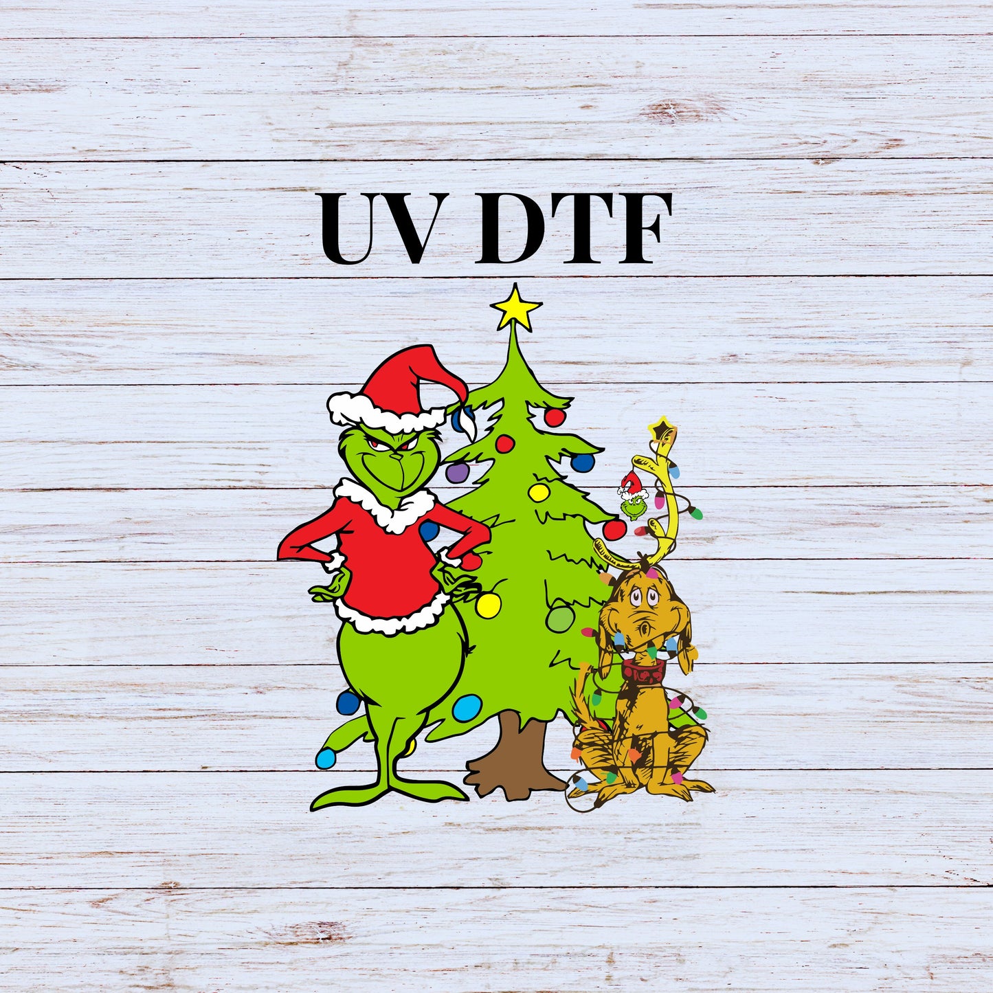 UV DTF Sticker print Grin tree and dog Max decal, tumbler decal, permanent sticker. Uv wrap for glass can tumbler. #7197