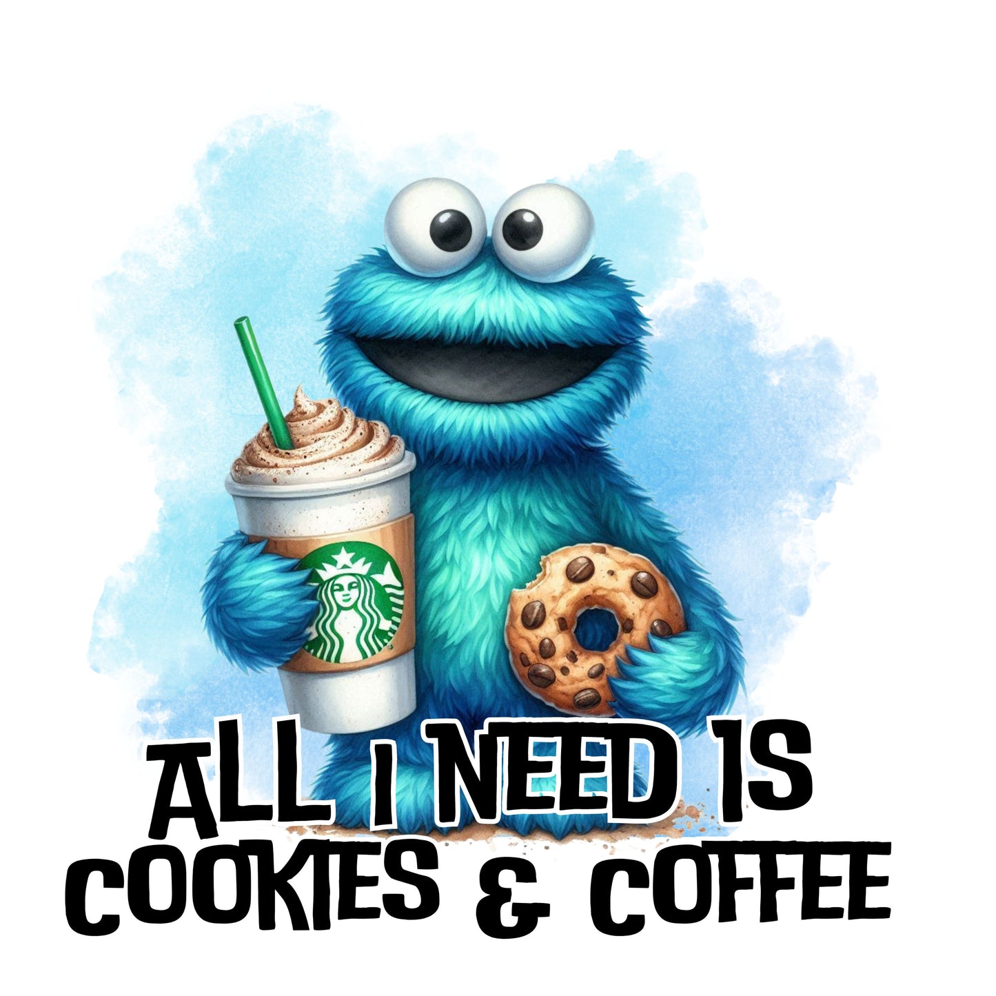 UV DTF Sticker print Blue Monster cookies and coffee decal, tumbler decal, permanent sticker.  #10086