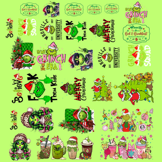 UV DTF Sticker prints. 24x25 Green Man Christmas bundle of 25 prints. Glass or tumbler decal, permanent sticker. UV dtf bundle. #7022