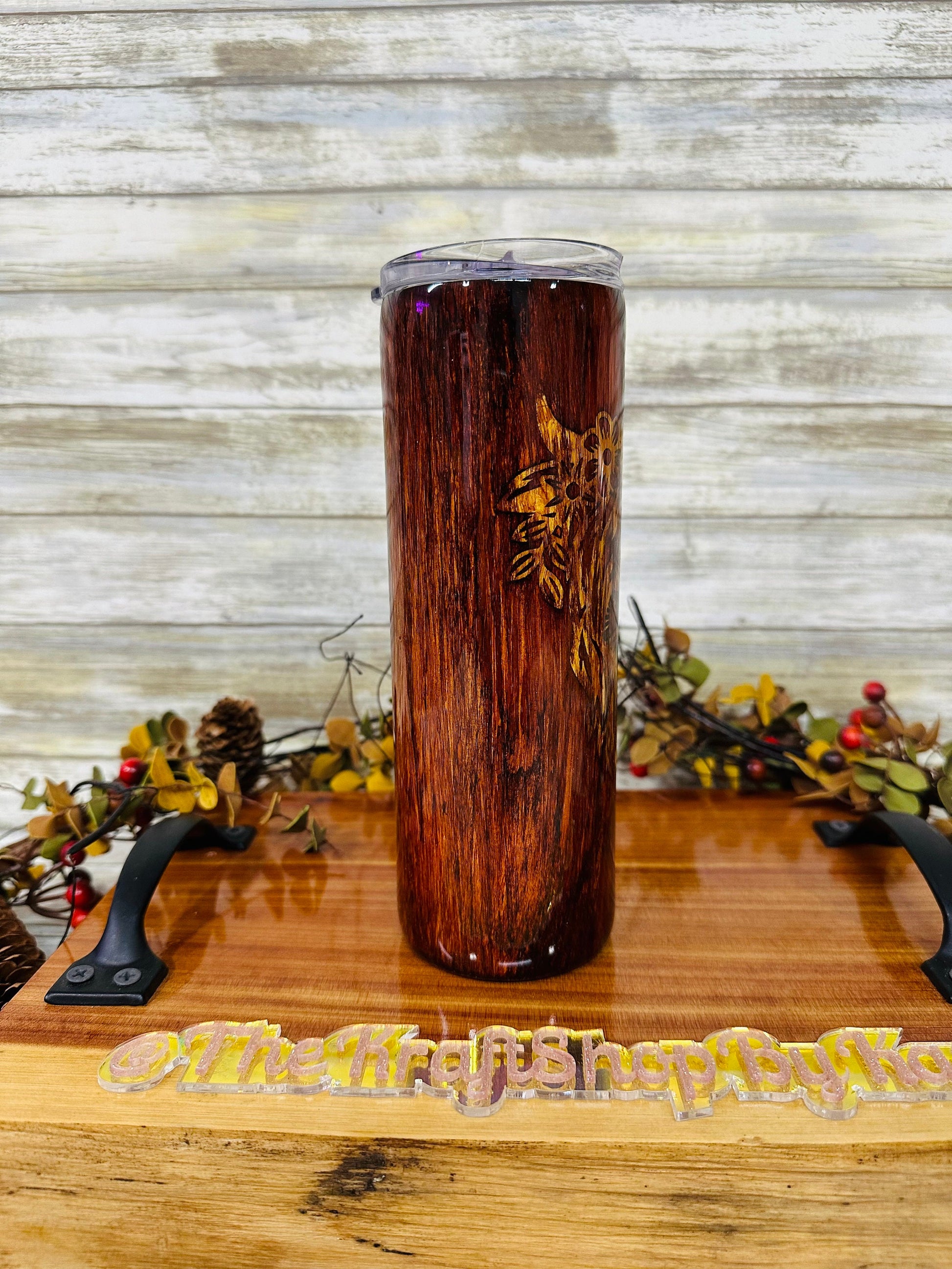 Tooled leather highland cow tumbler.