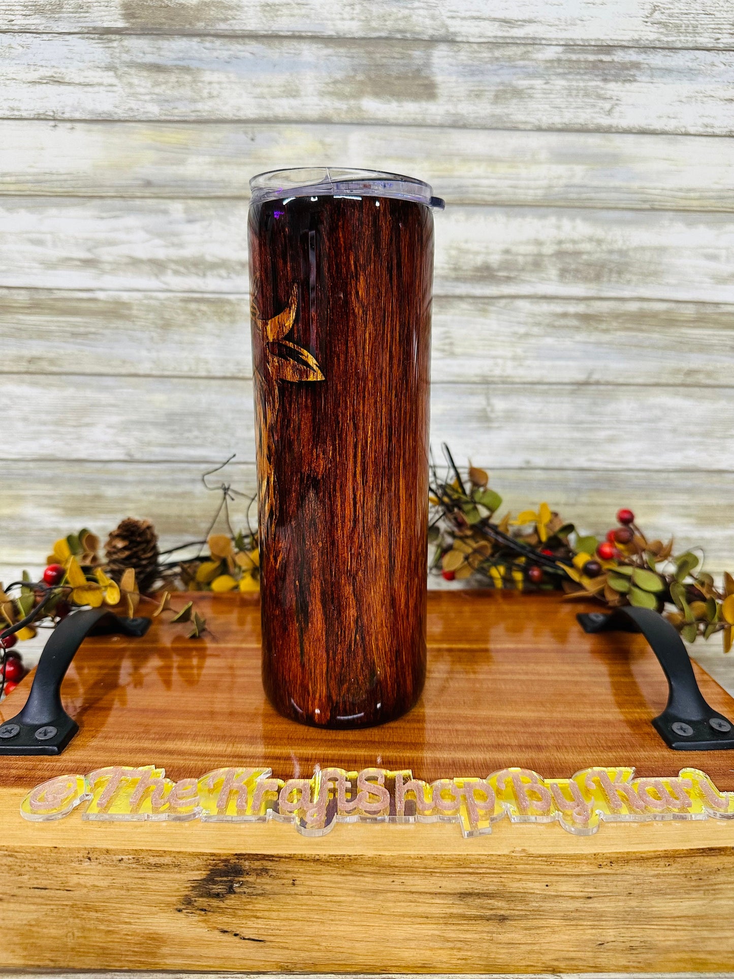 Tooled leather highland cow tumbler.